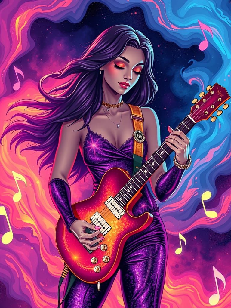 Scandinavian Rockstar Plays Guitar Amidst Cosmic Flames