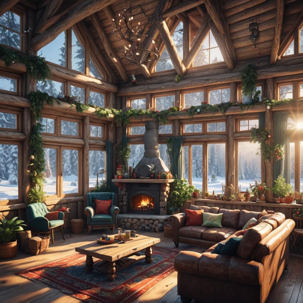 Cosy Winter Cabin with Vibrant Colours and Sunlit Details