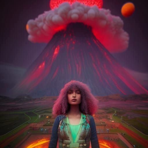 Cosmic Surreal Biopunk Goddess Amidst Volcanic Fury