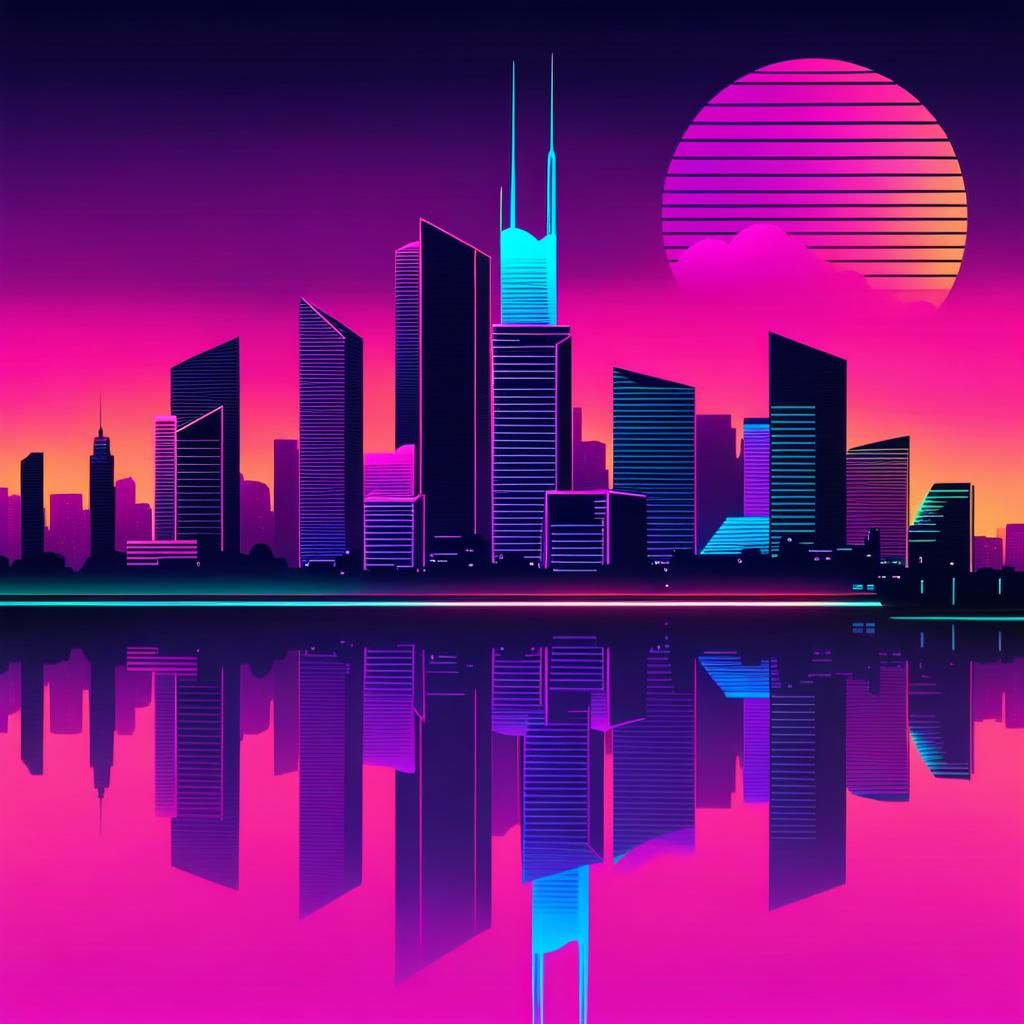 Surreal Cityscape at Night in Synthwave Neon Aesthetic