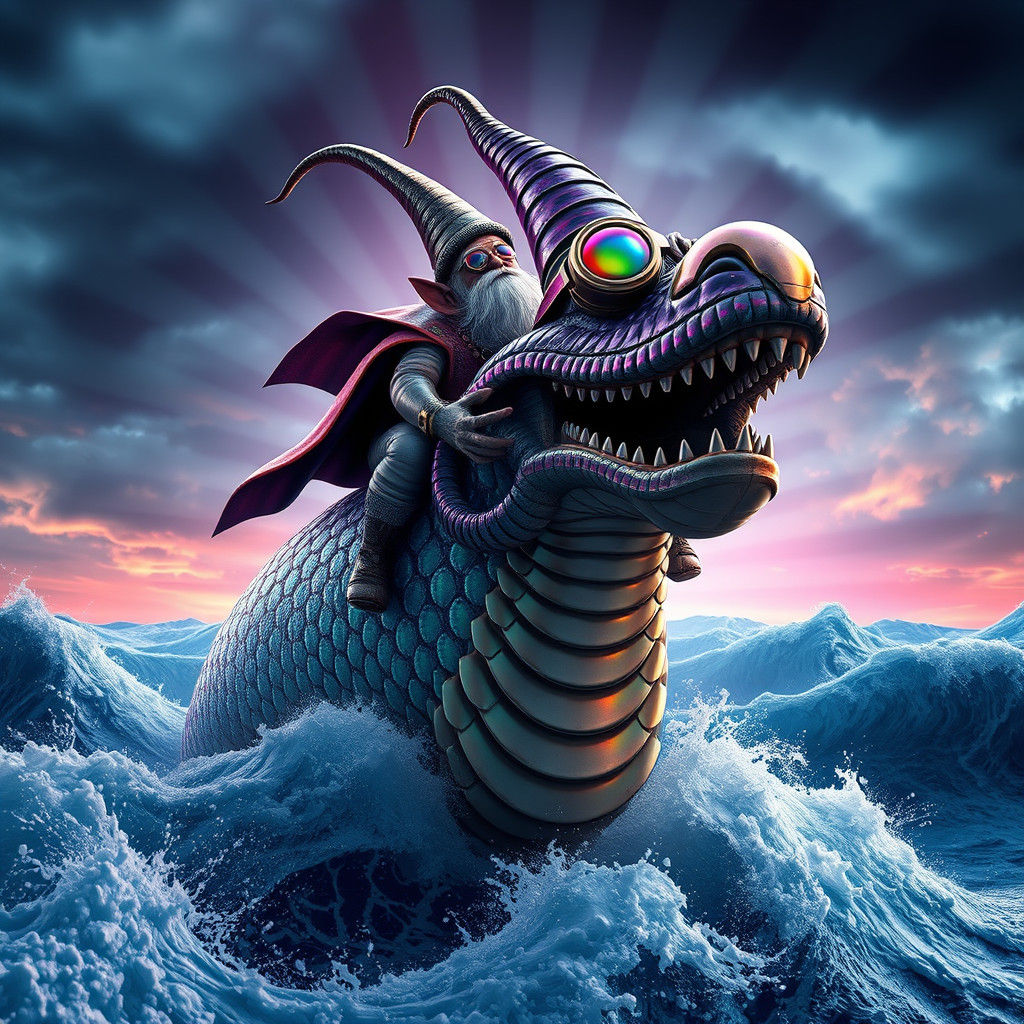 Giger-Inspired DMT Machine Gnome Rides Iridescent Serpent