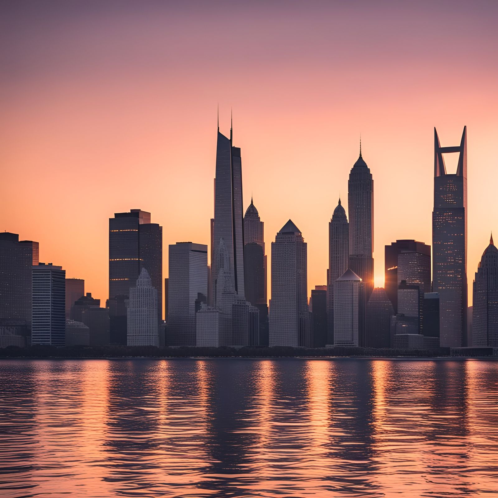 Surreal Sunset Cityscape Over Water