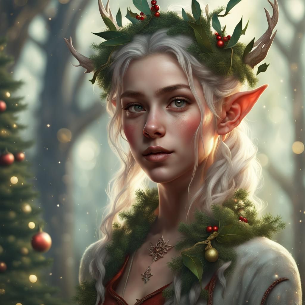 Ethereal Elven Christmas Maiden Portrait Art