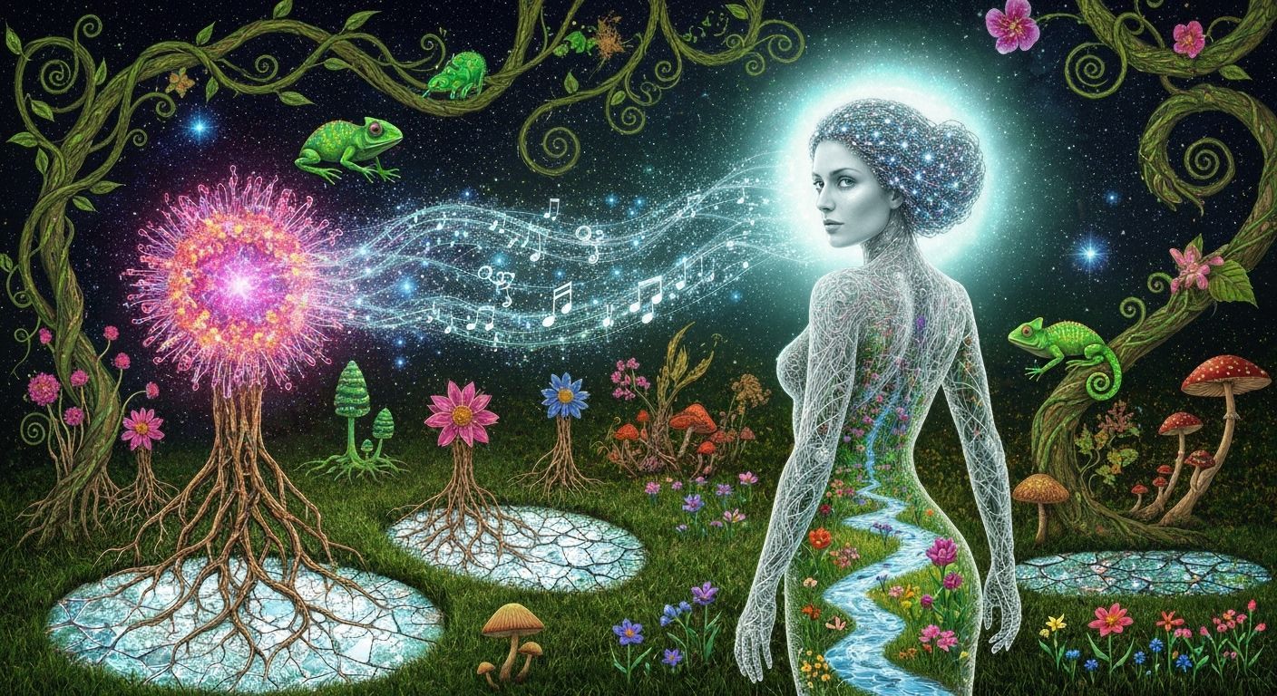 Woman Merging with Cosmic Energy in Surreal Garden