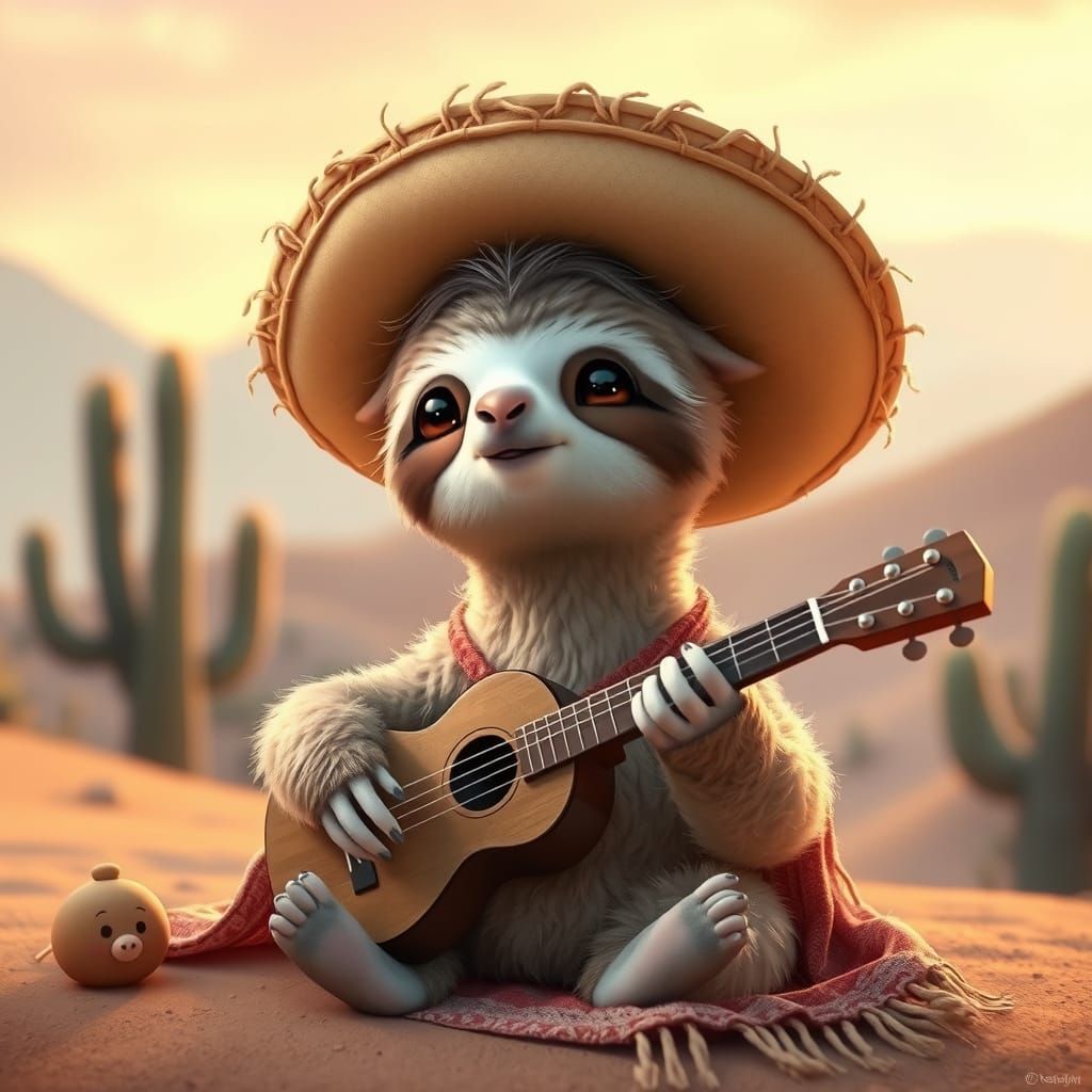 Cute Sloth Plays Guitar: Pixar-Style Illustration
