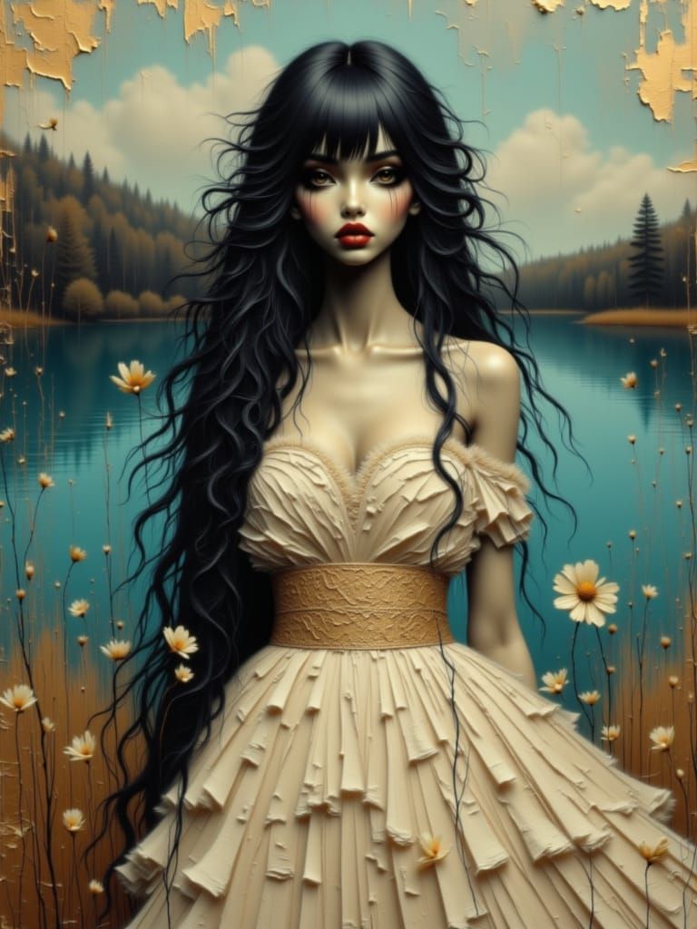 Elegant Woman in Lace Dress with Silver Braids