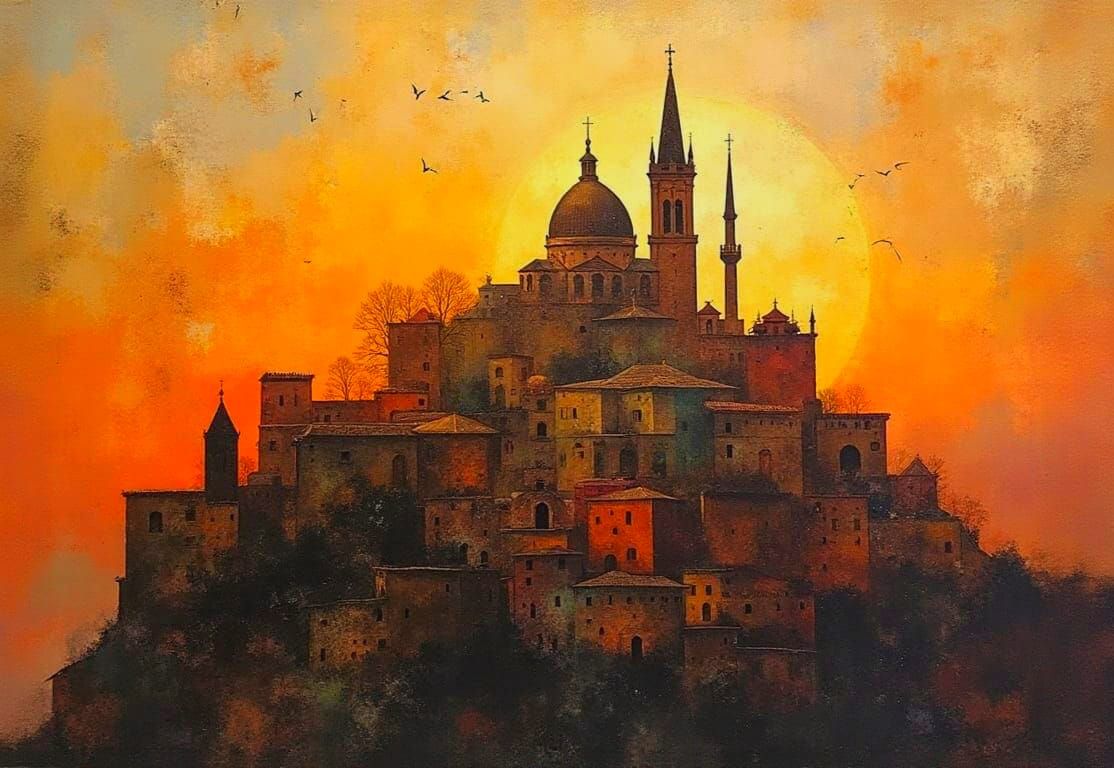 Medieval Cityscape Double Exposure at Golden Hour