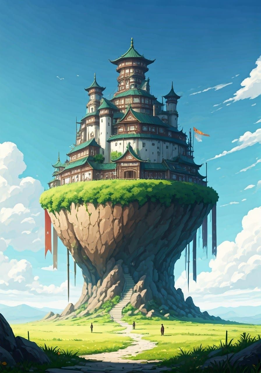 Medieval Asian Fantasy Village on a Rock Pillar