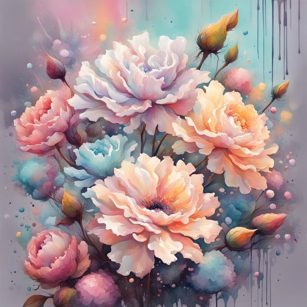 Pastel Watercolor Flowers in Vibrant Graffiti Style