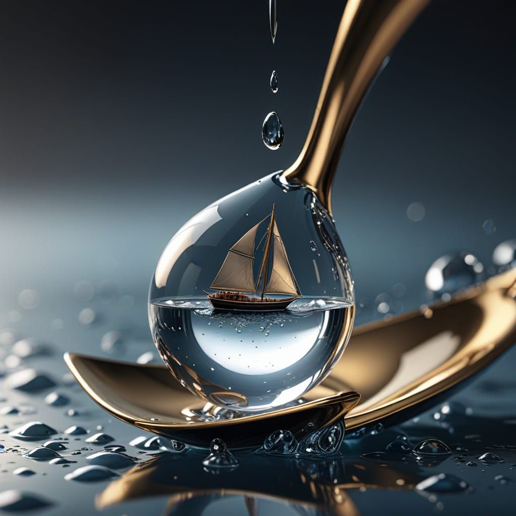 Golden Hour Sailboat Reflection in Water Droplet