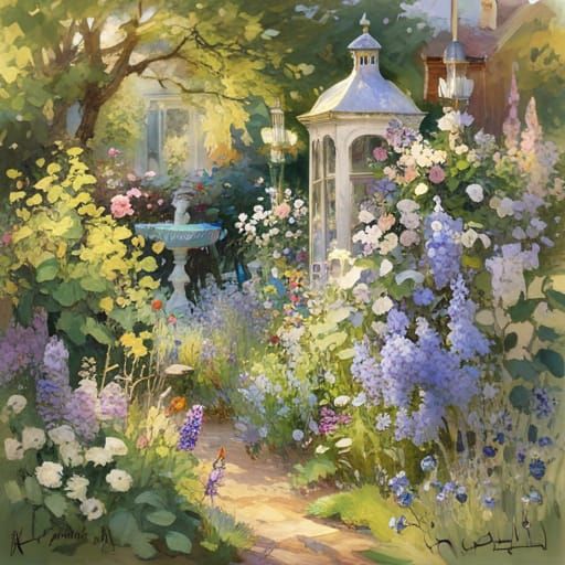Vibrant English Garden in Impressionist Style