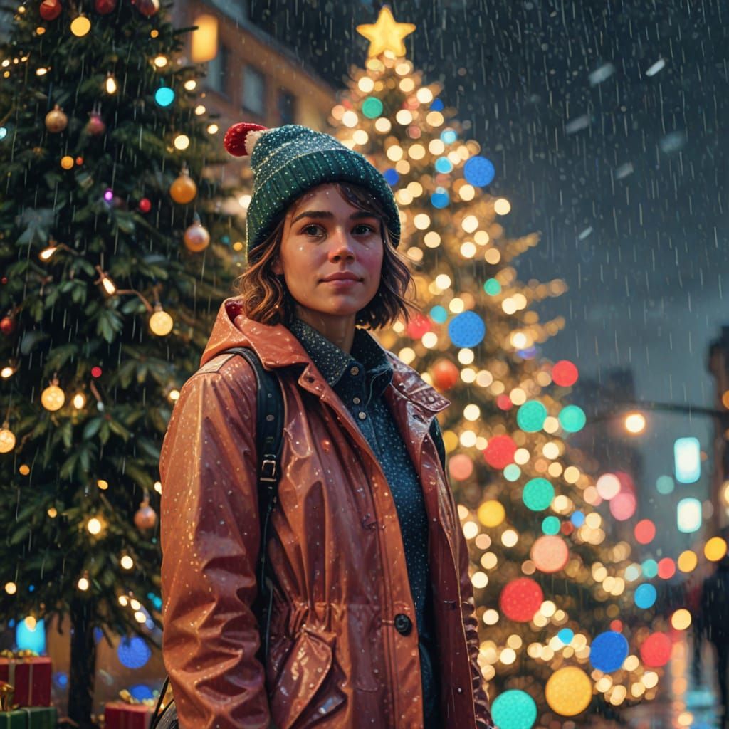 Festive Christmas Tree on Rainy Street, Oil Painting