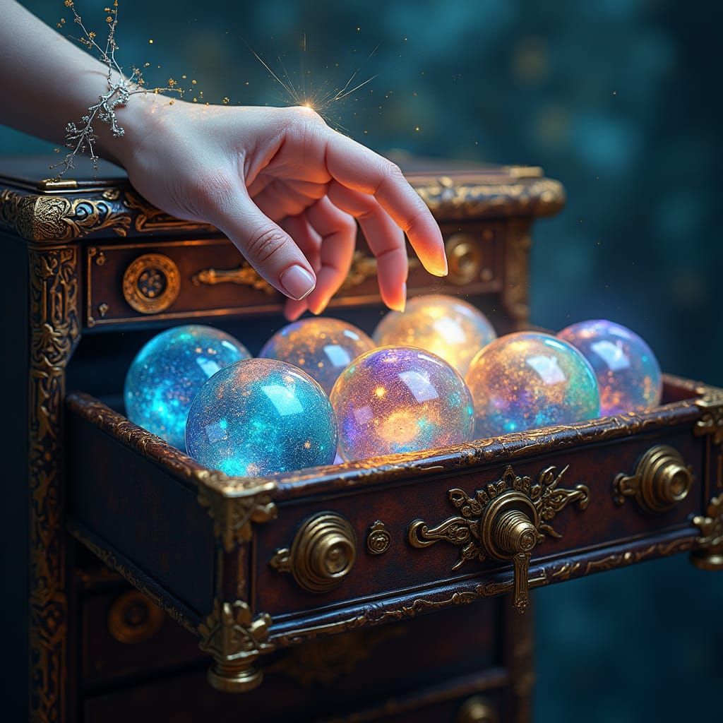 Majestic Drawer Reveals Iridescent Orbs in a Swirling Cosmos
