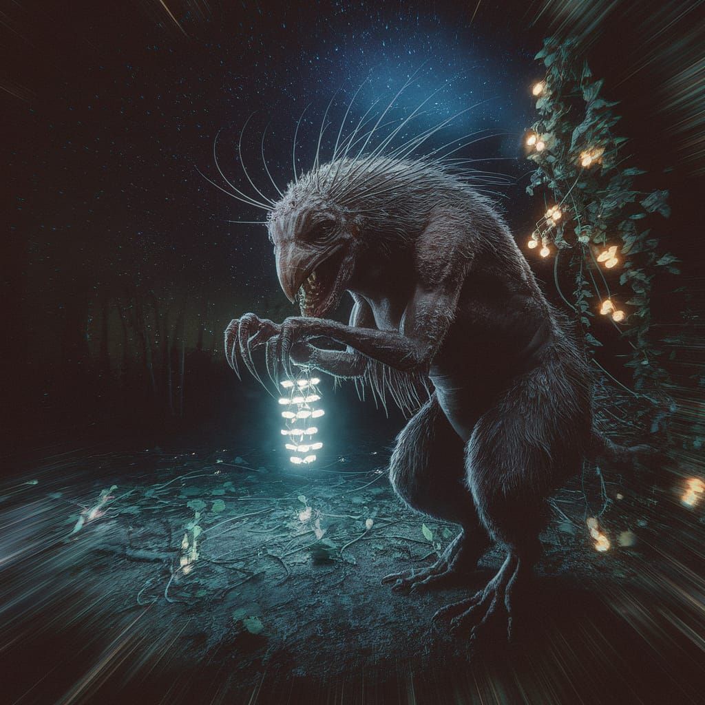 Bioluminescent Creature Eats Fireflies in Distorted Forest