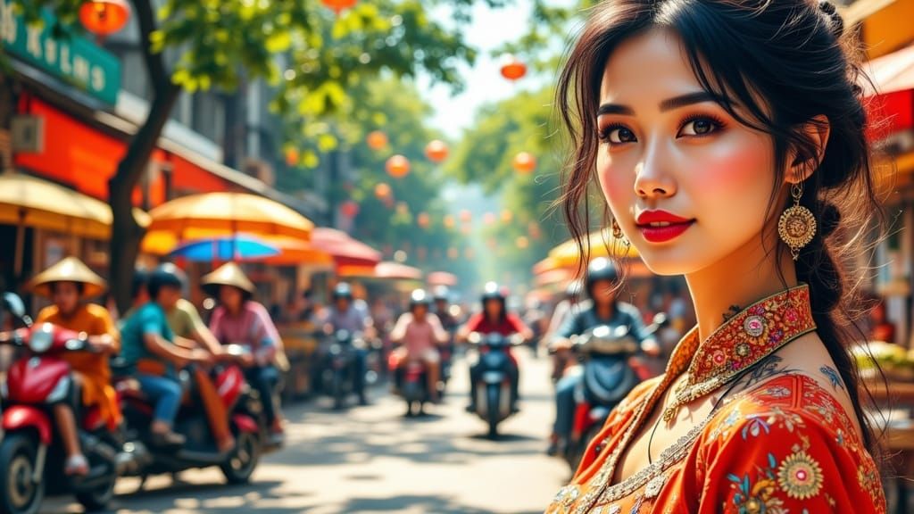 Vietnamese Woman in Hanoi: Stylized Illustration