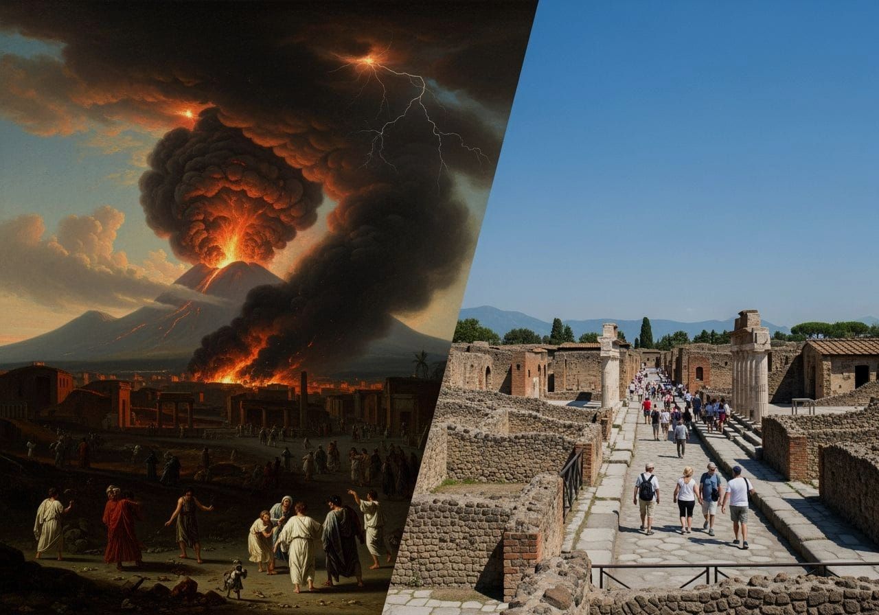 Pompeii Eruption and Ruins: Then and Now