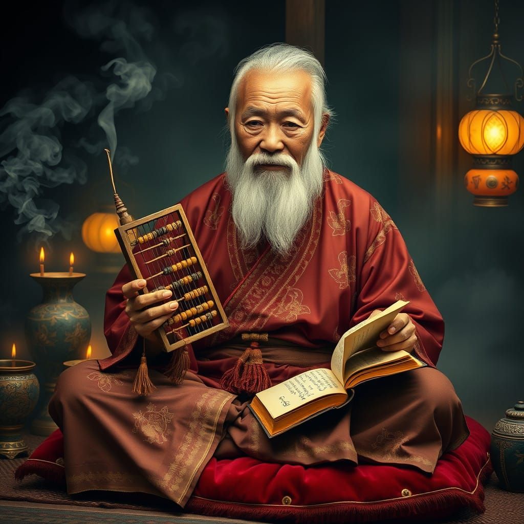 Elderly Sage in Embroidered Silk Robes, Surrounded by Incens...