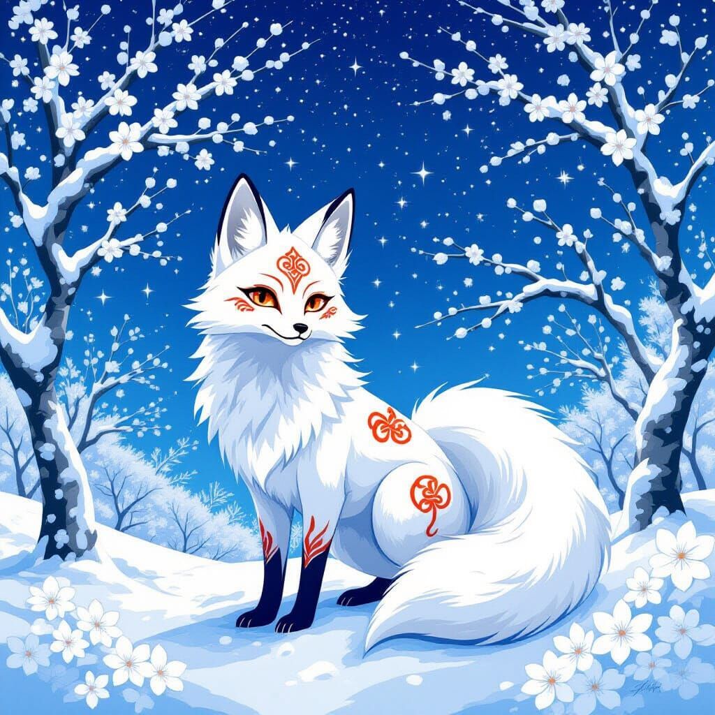 Nine-Tailed Kitsune in a Dreamlike Landscape