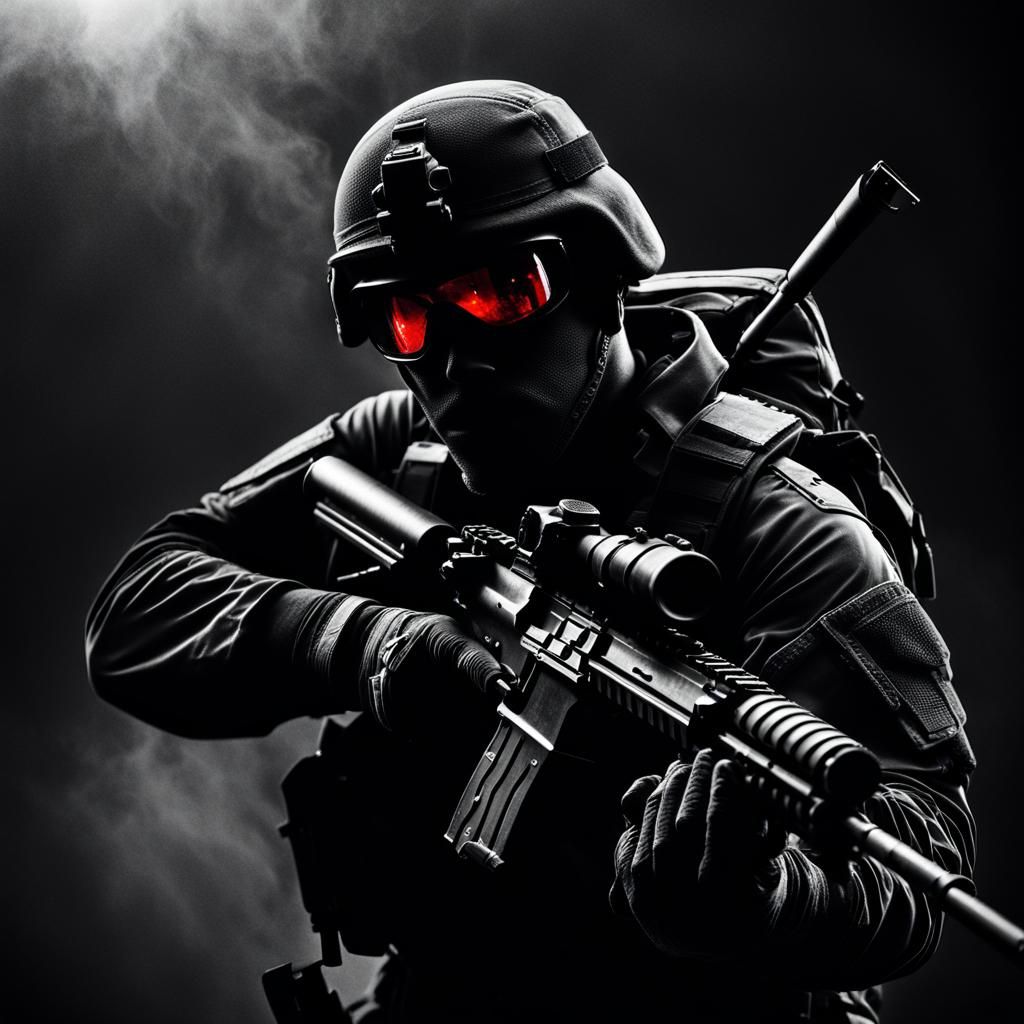 Elite Soldier in Grayscale, Film Grain, and Red Eyes