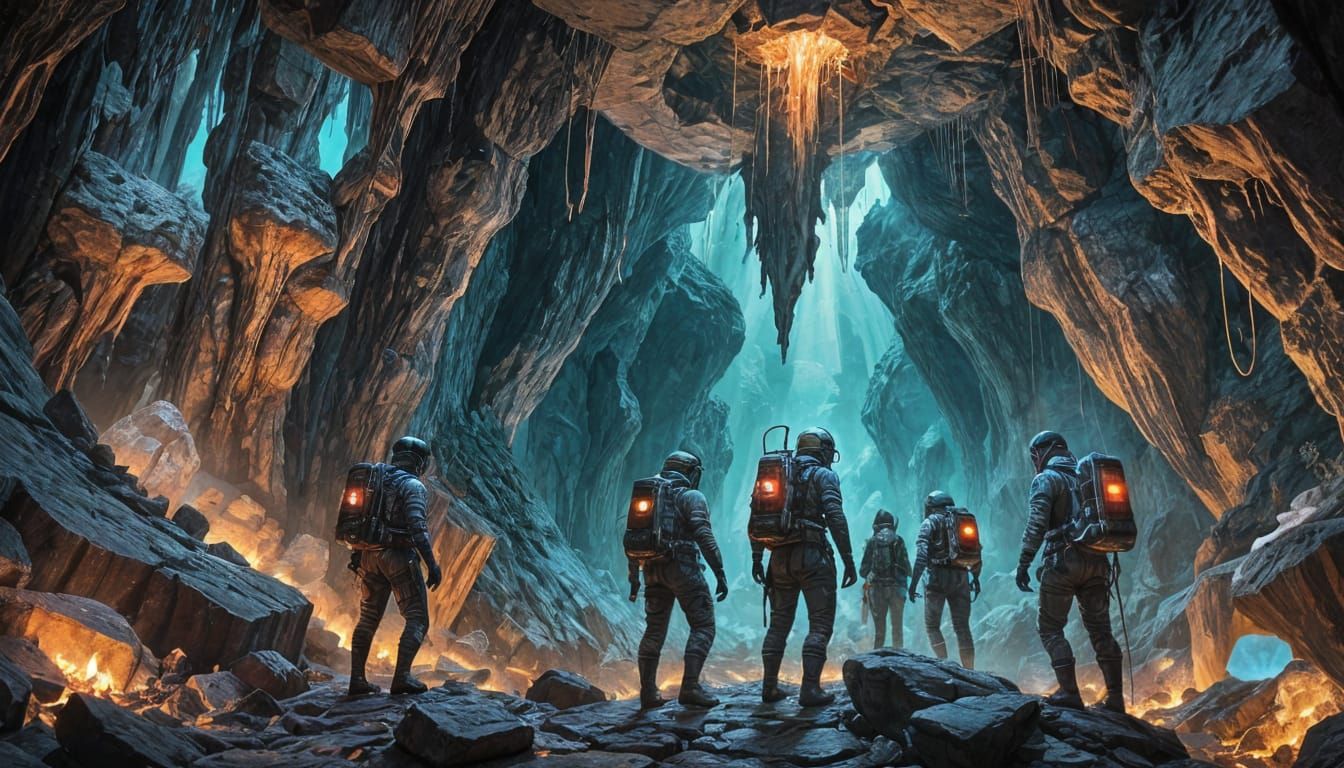 Explorers Descend Deeper into a Glowing, Alien-Lit Cavern
