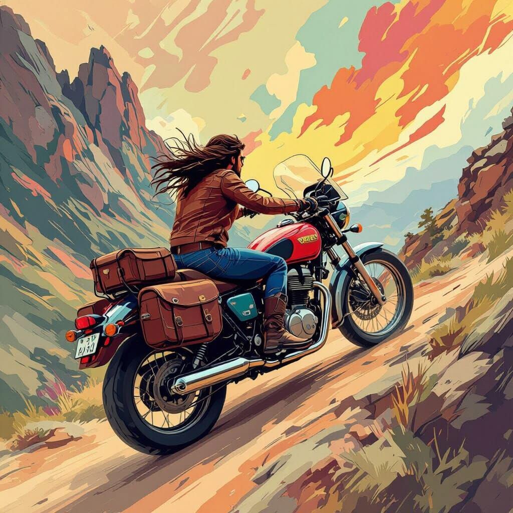 Horse Riding Motorcycle Uphill: Stylized Illustration