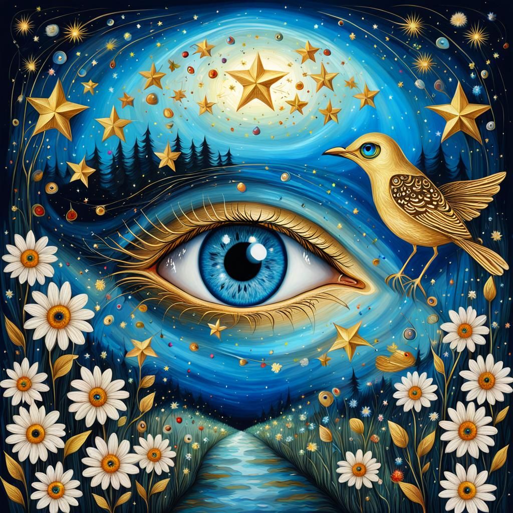 Surrealistic Blue Eye with Starry Night Sky