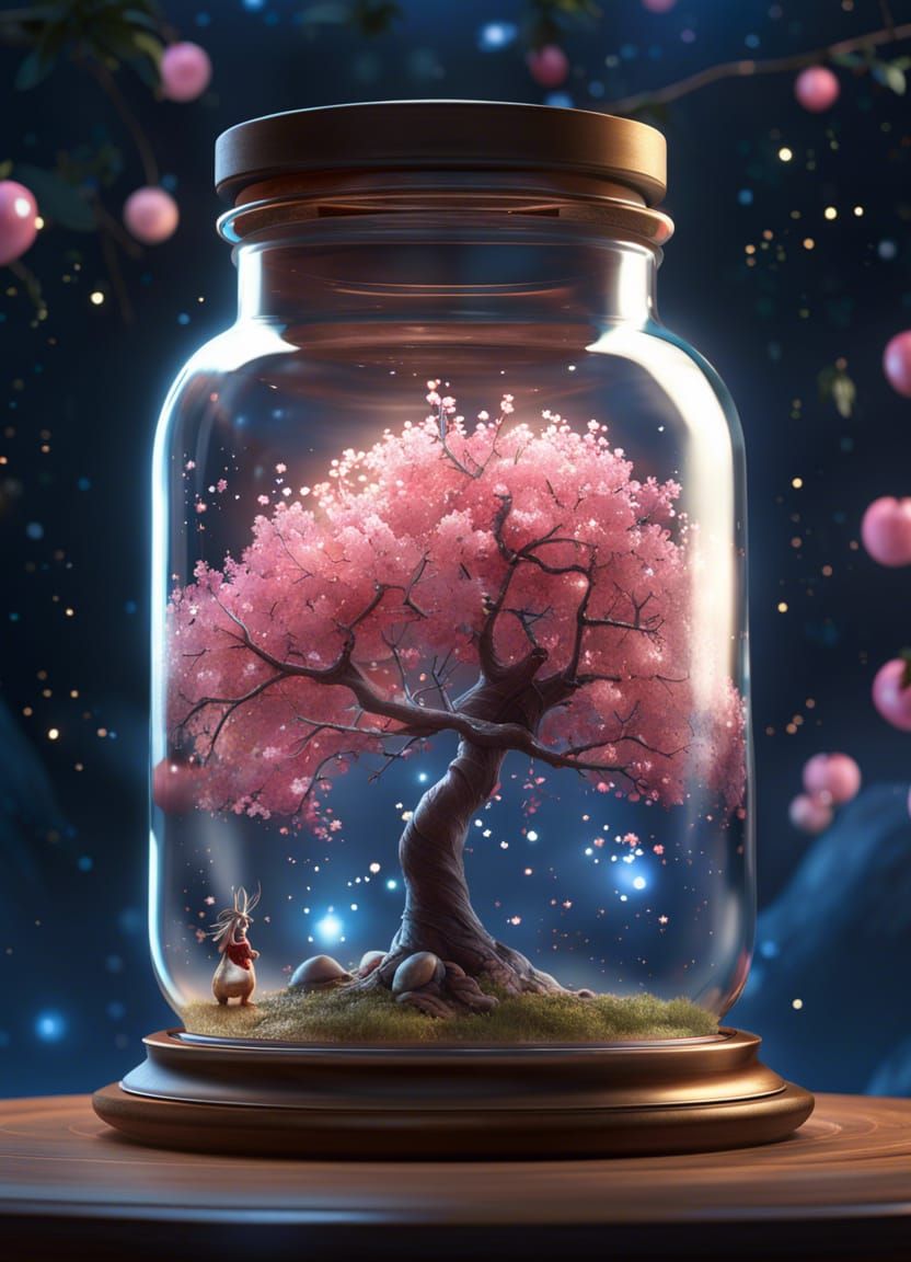 Surreal Cherry Blossom Tree in a Glass Jar with Vibrant Star...