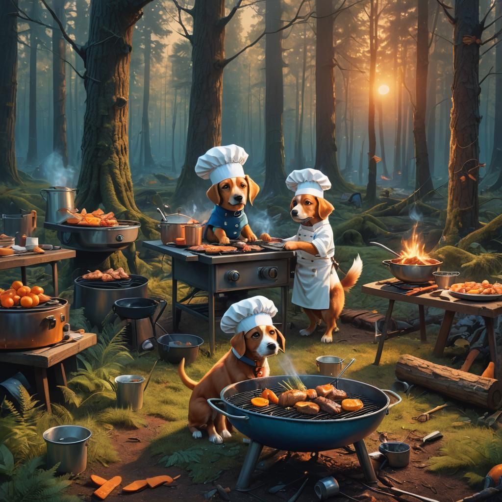 Whimsical BBQ Scene in a Fantastical Forest