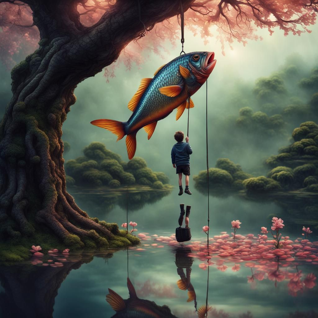 Surreal Japanese Garden Scene with Upside-Down Child