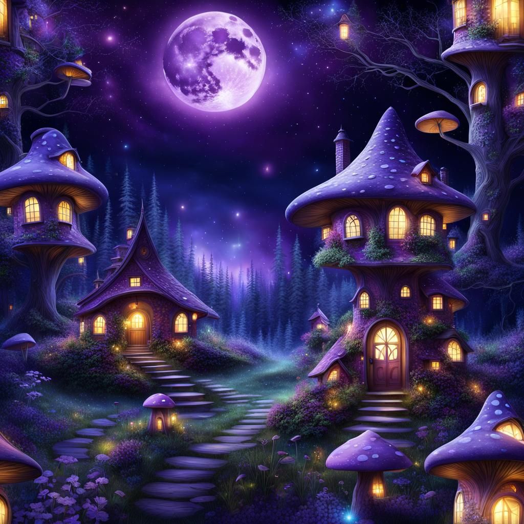 Surreal Nighttime Village Under a Celestial Galaxy