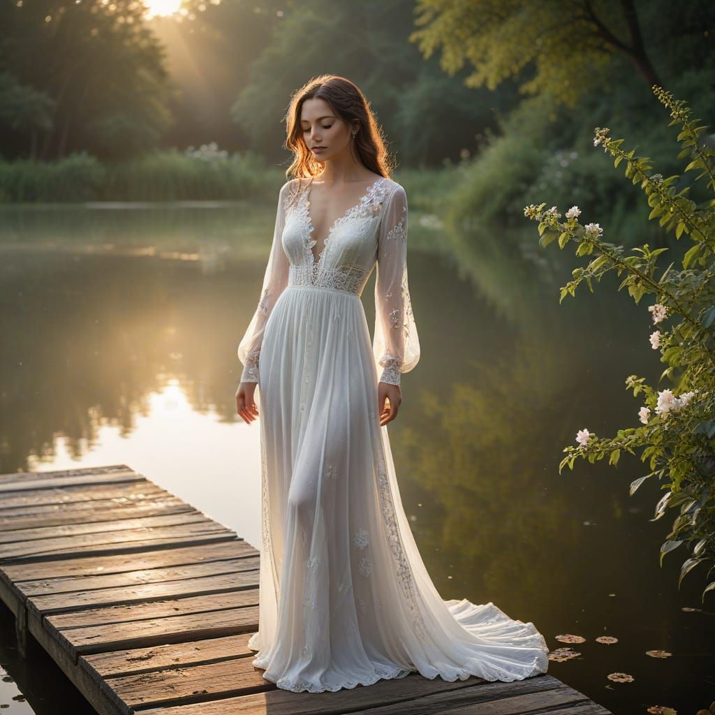 Serene Woman on Weathered Dock at Sunrise