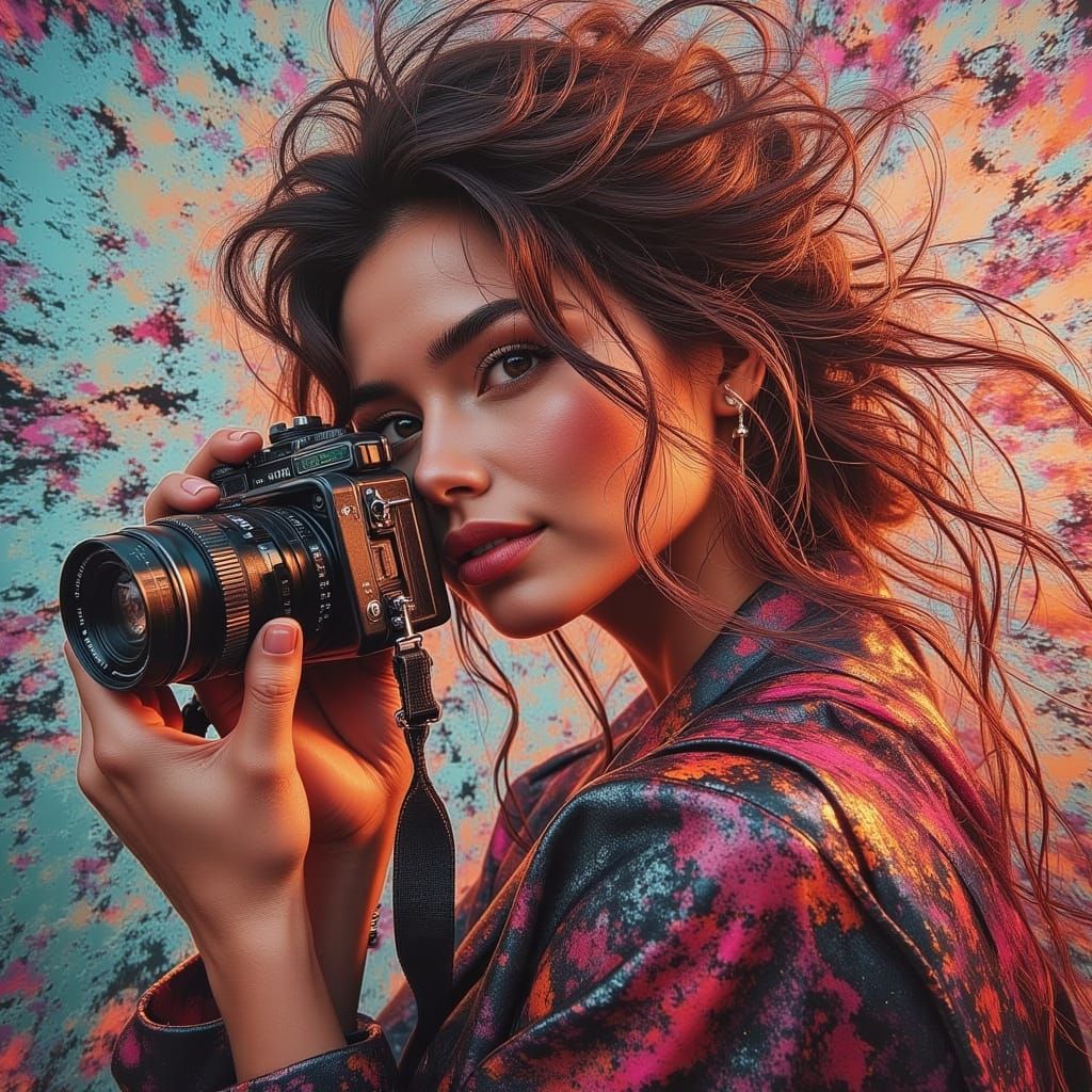 Woman Saying Goodbye with Camera in Hyperrealistic Style
