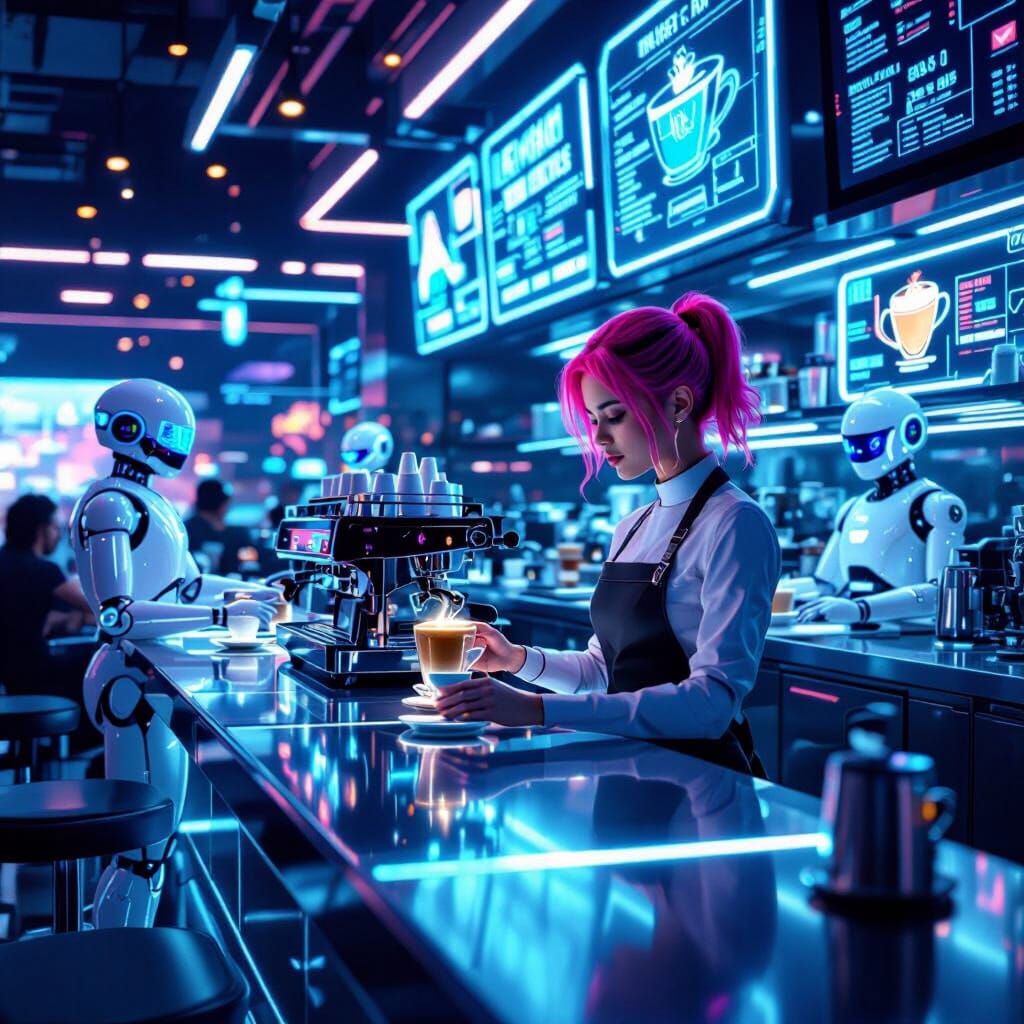 Futuristic Coffee Shop Interior with Neon and Androids