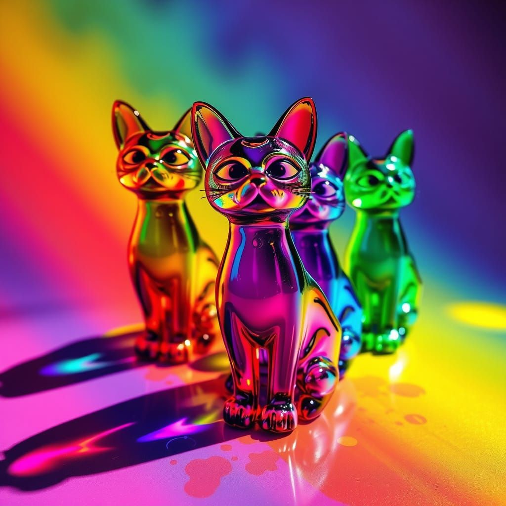 Rainbow Shadows: Glass Cats in Graffiti Art Style