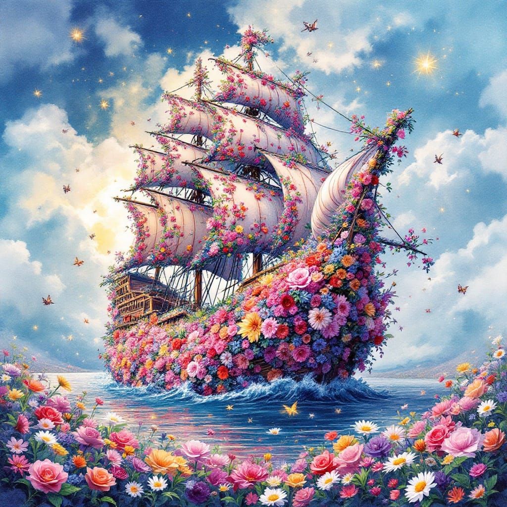 Vibrant Pirate Ship Blooms in Whimsical Floral Ocean