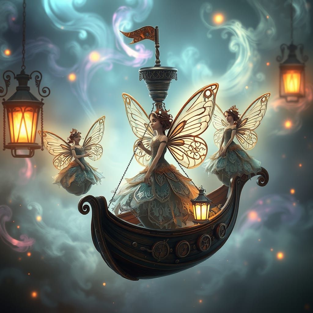 Steampunk Fairies in Whimsical, Lantern-Lit Ships