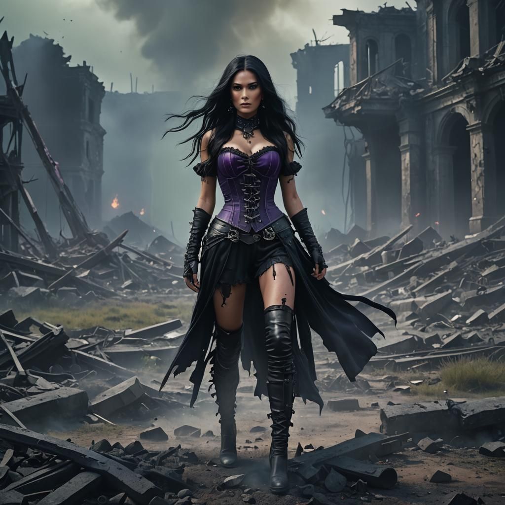 Dark Fantasy Battle Goddess in Ruined Landscape