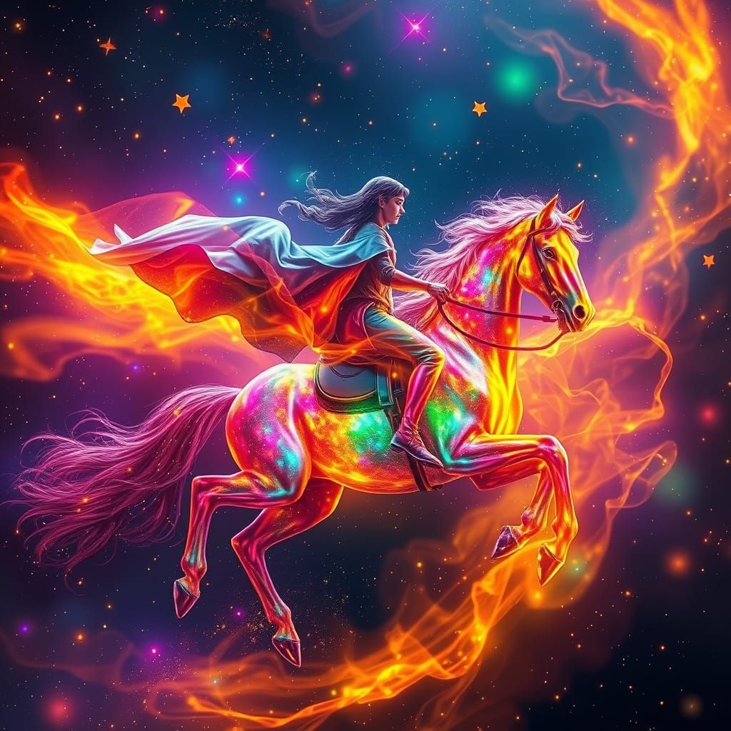 A wet-on-wet watercolor sketch of a cosmic horse rider compo...