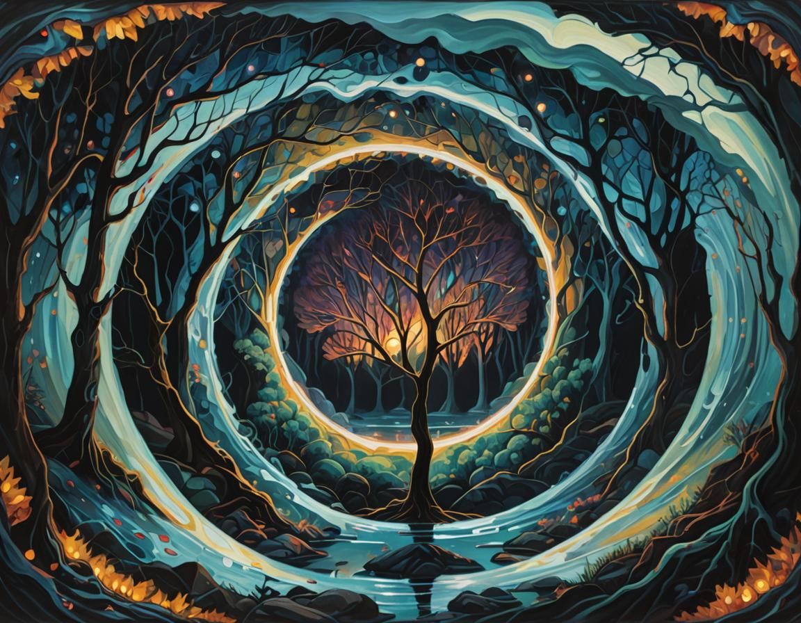 A Surreal autumn valley, eerie, big eyes, trees and water un...