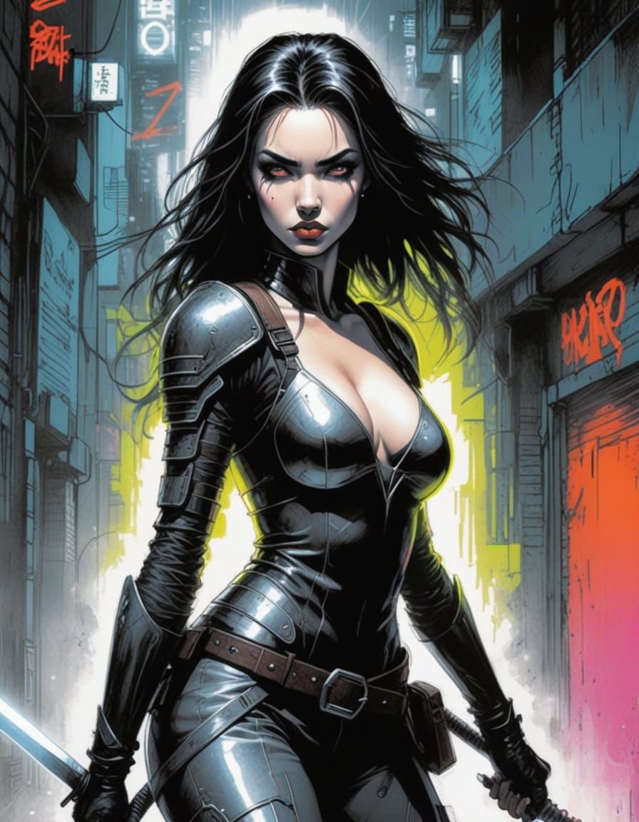 Pop Art Cyberpunk Warrior with Sword in Neon Alley