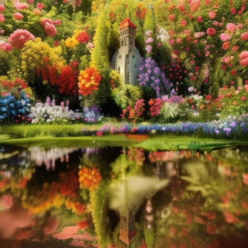 Majestic Maximalist Tower Amidst a Vibrant Flower Garden in...
