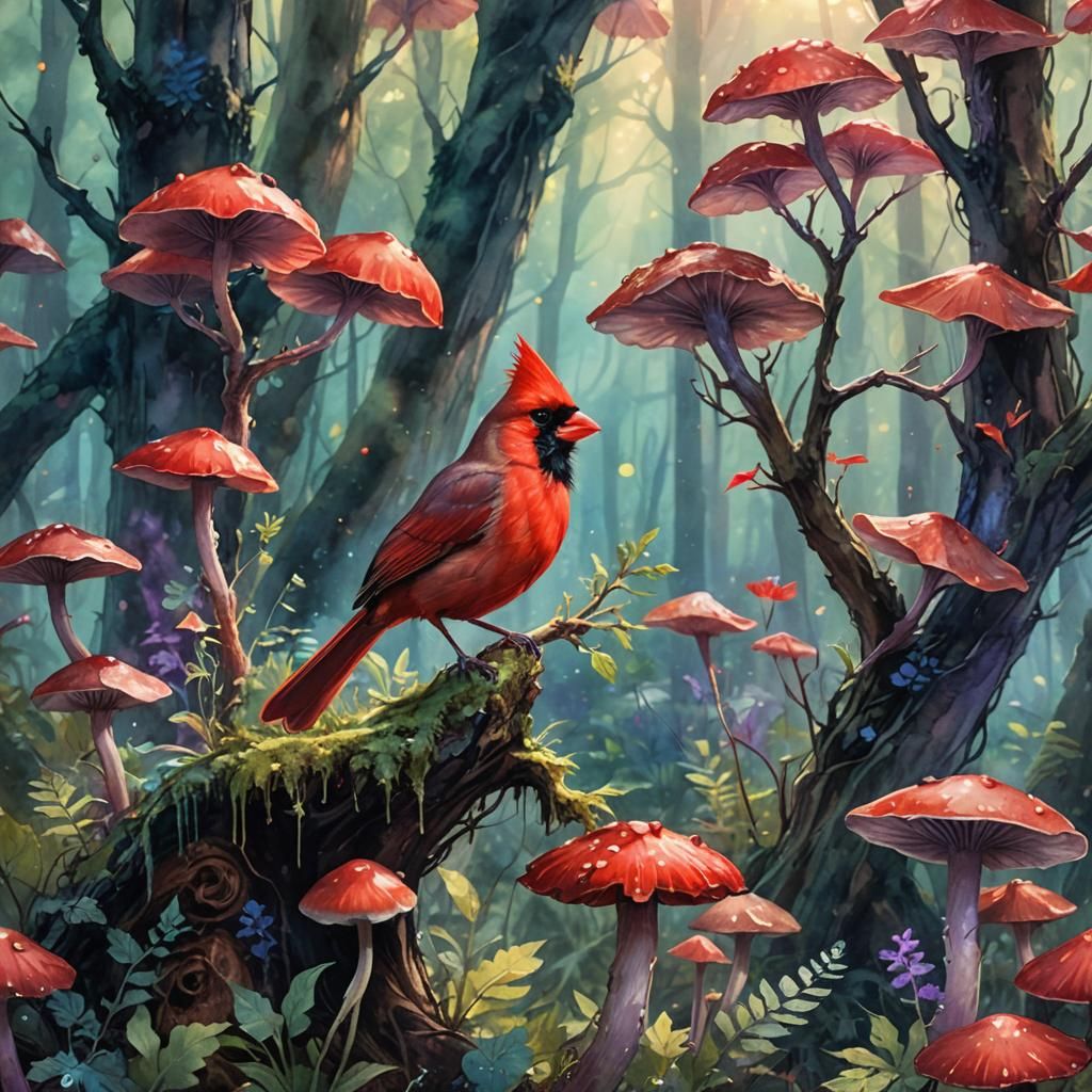 Whimsical Red Cardinal in Enchanted Forest