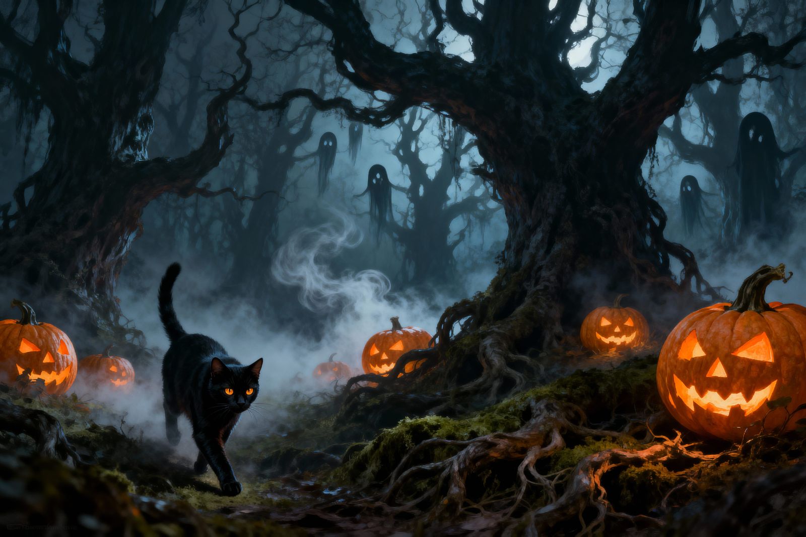 Black Cat Familiar in Haunted Forest Scene