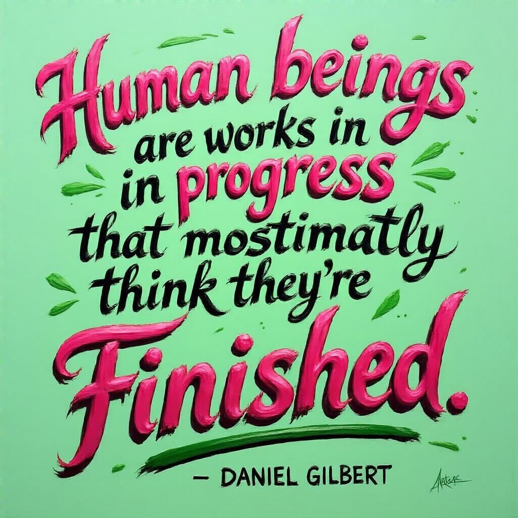 Acrylic paint on panel, shades of green and pink. An artwork with the text "Human beings are works in progress that mist...