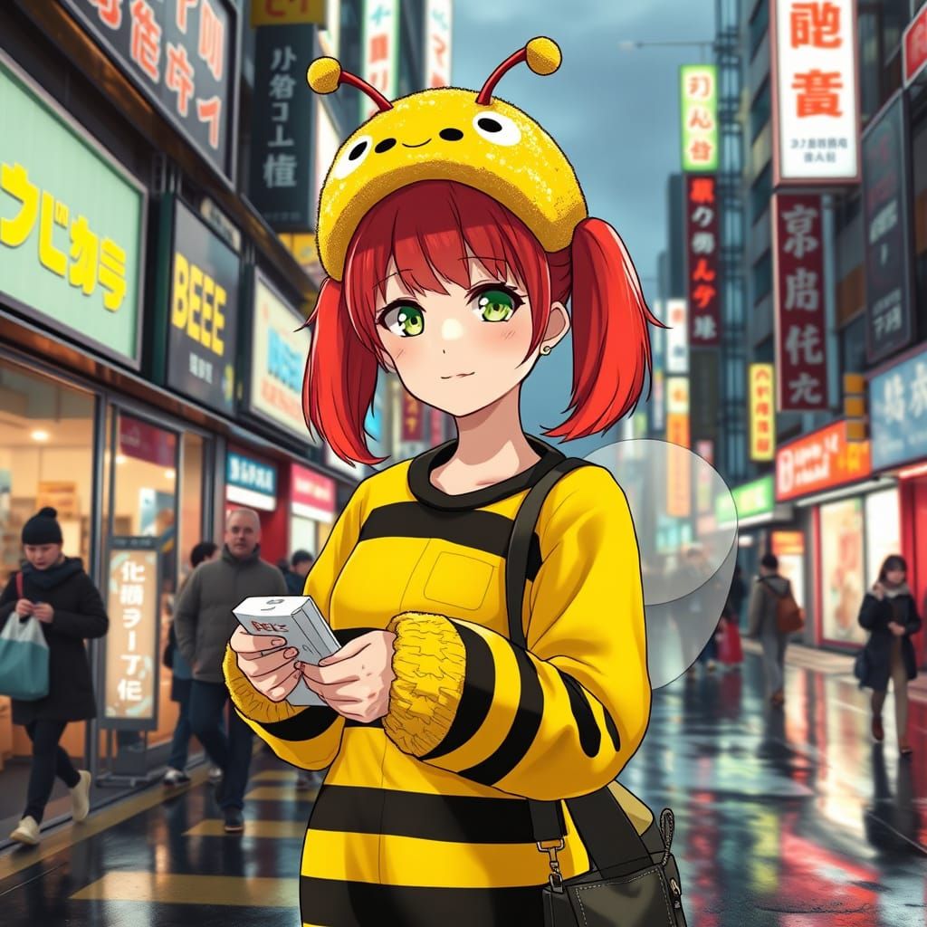Hyperrealistic Anime Bee Mascot in Akihabara