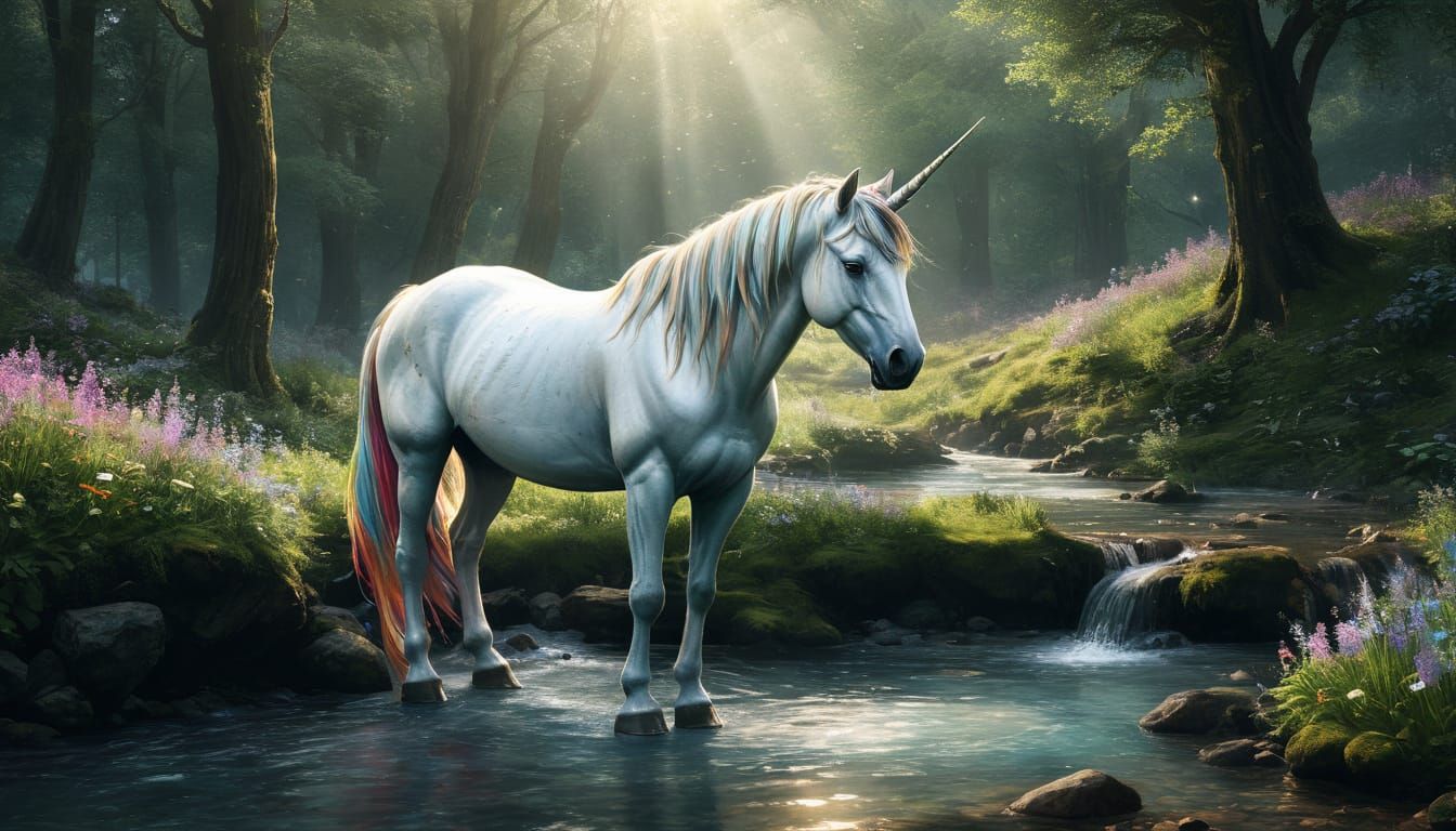 Unicorn Drinks in Sun-Dappled Glade: Watercolor Art