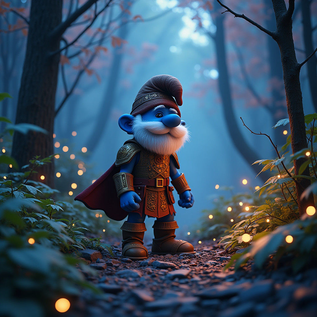 Mandalorian Smurf in Vibrant, Mystical Forest