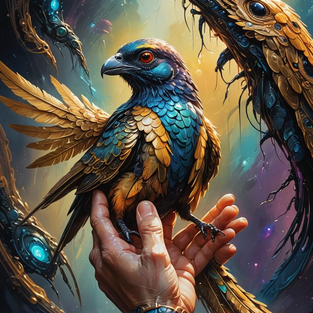 Hypnotic Close-Up of Alien Hand Cradling Glittering Bird
