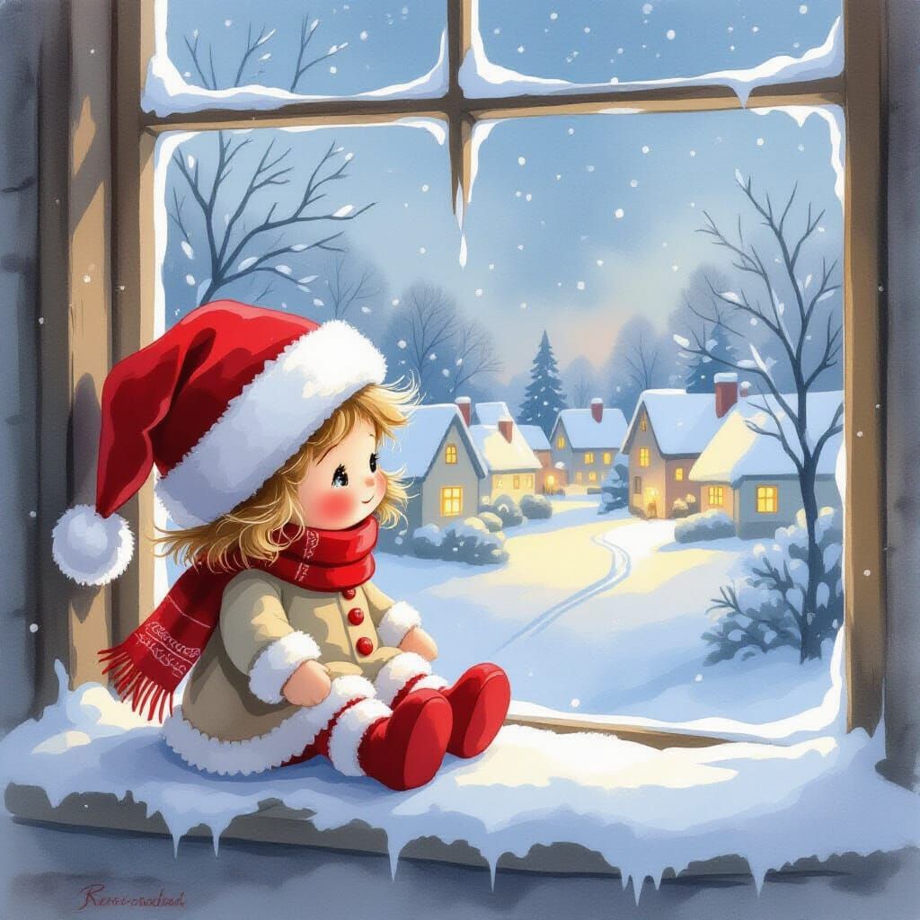 Cute Fluffy Christmas Doll on Snowy Windowsill