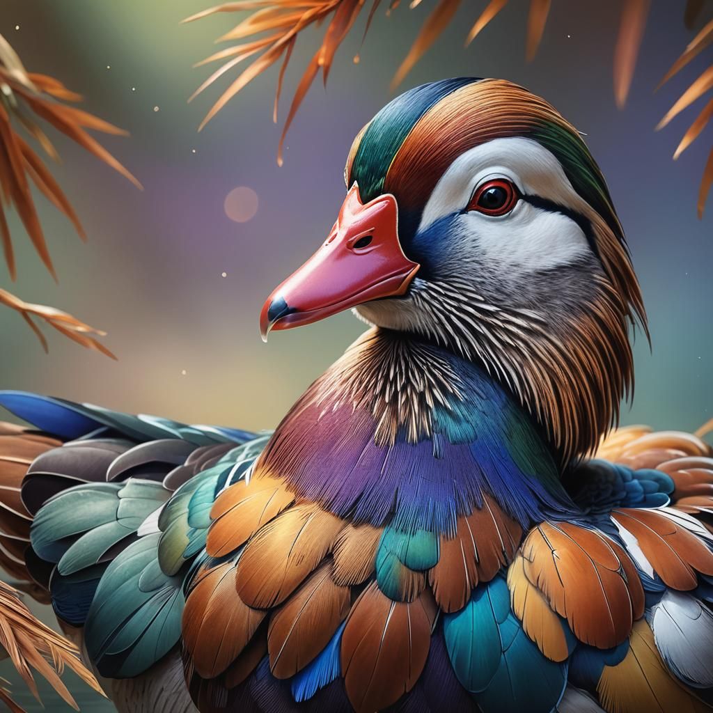Intricately Detailed Mandarin Duck Portrait in Hyperrealisti...
